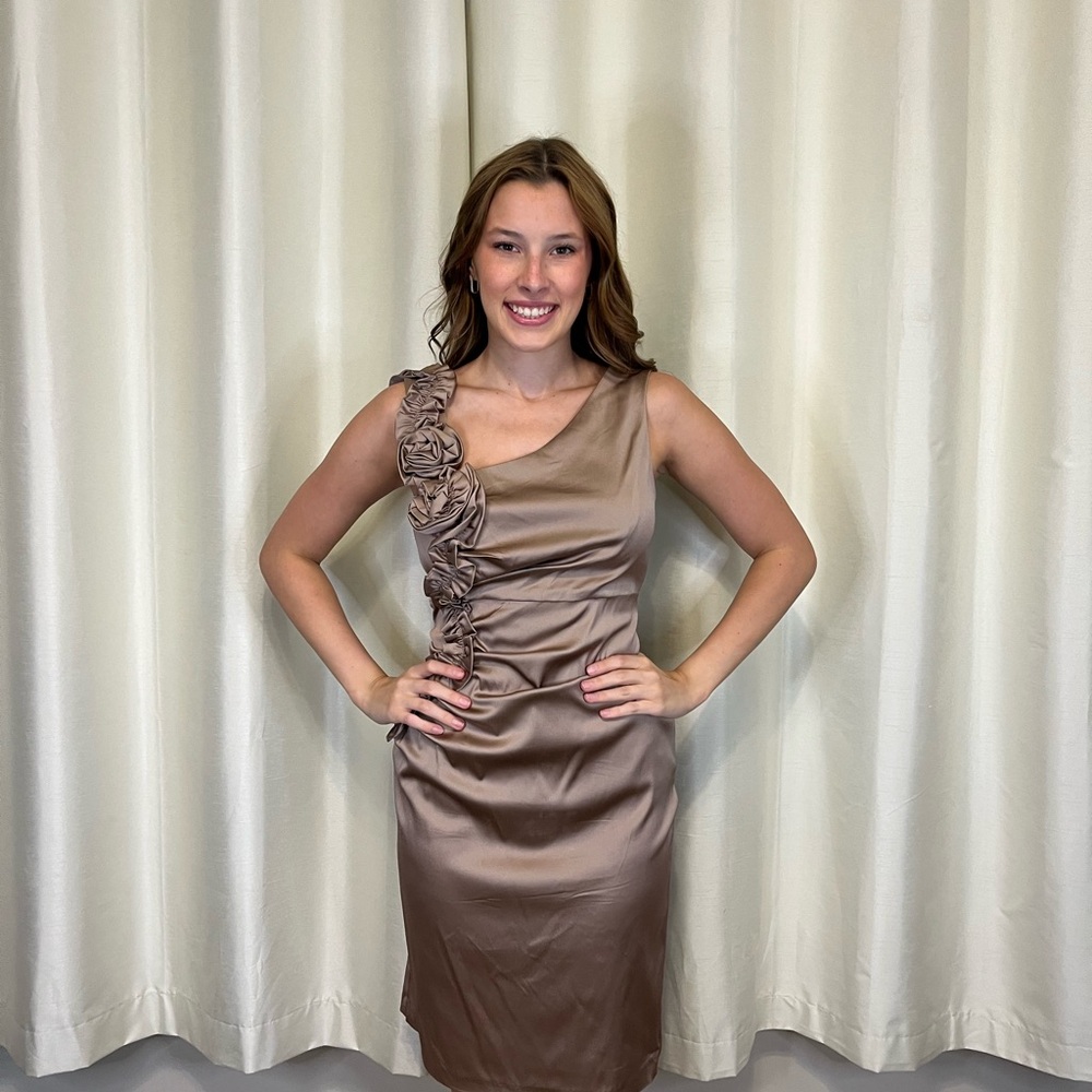 Formal Donna Rocco taupe ruched homecoming, party, wedding, dance dress